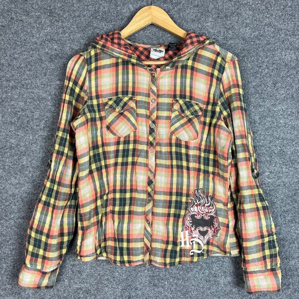 Harley Davidson hooded button up shirt with‎ embroidery on front & back Small